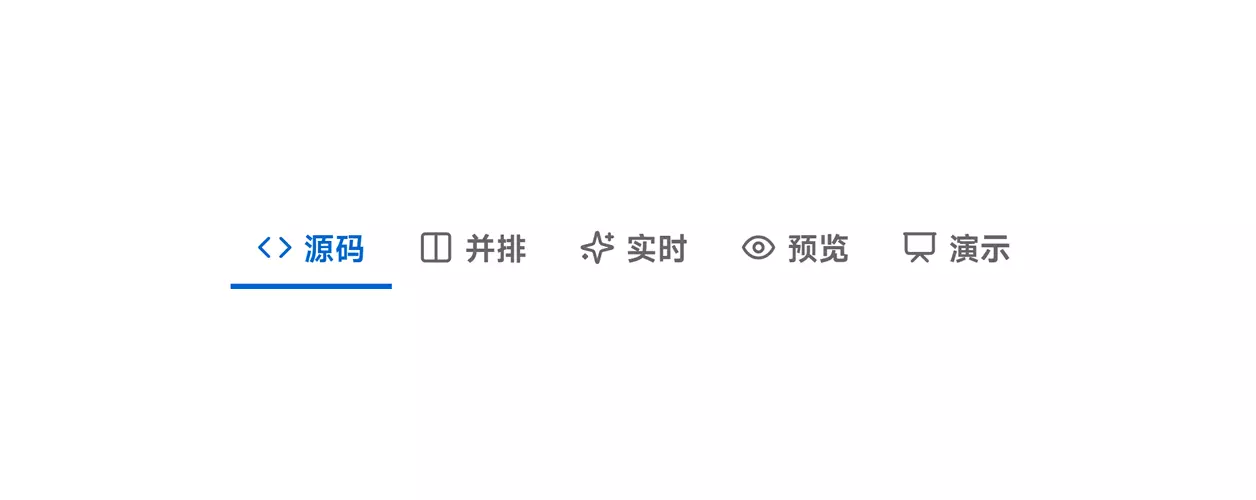 五种视图模式对比（源码 / 并排 / 实时 / 预览 / 演示）